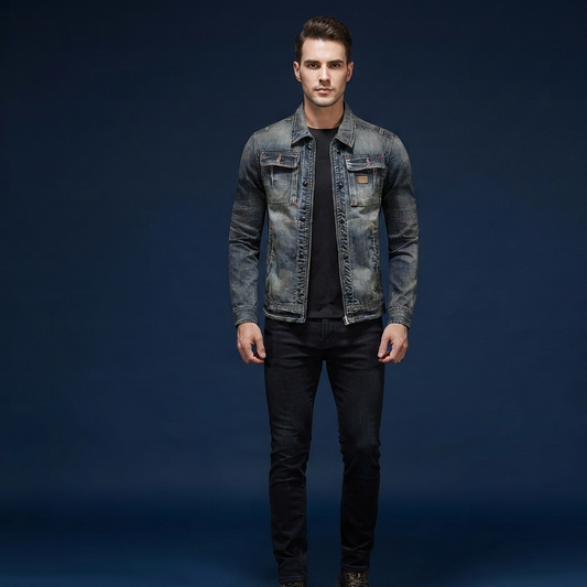A man stands facing forward wearing a faded blue denim jacket over a black shirt and black jeans, photographed against a dark blue studio backdrop.