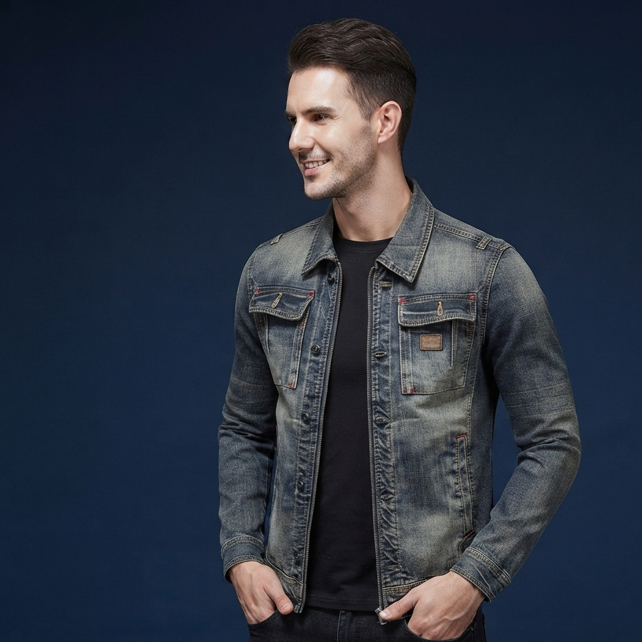 A man wearing a faded blue denim jacket over a black t-shirt and dark jeans, standing against a dark blue studio background.
