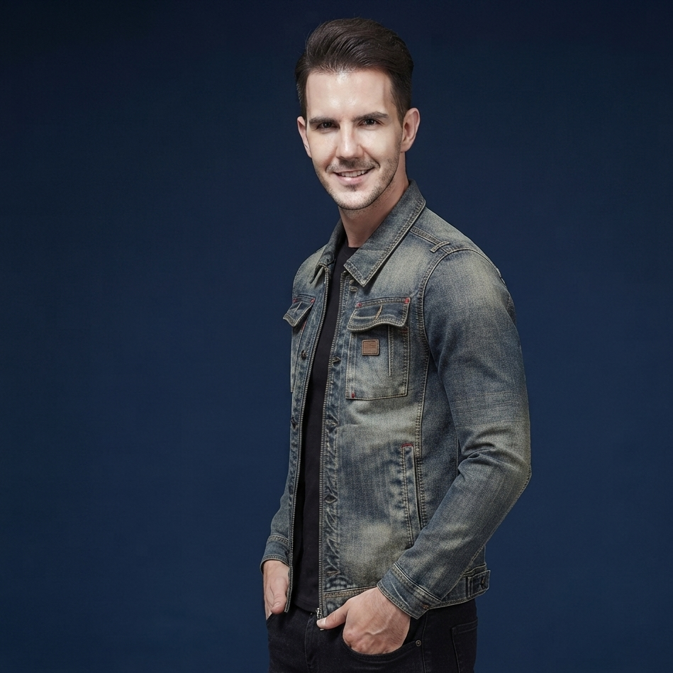 A man wearing a faded blue-gray denim jacket over a black shirt and black pants, standing against a dark blue studio background.