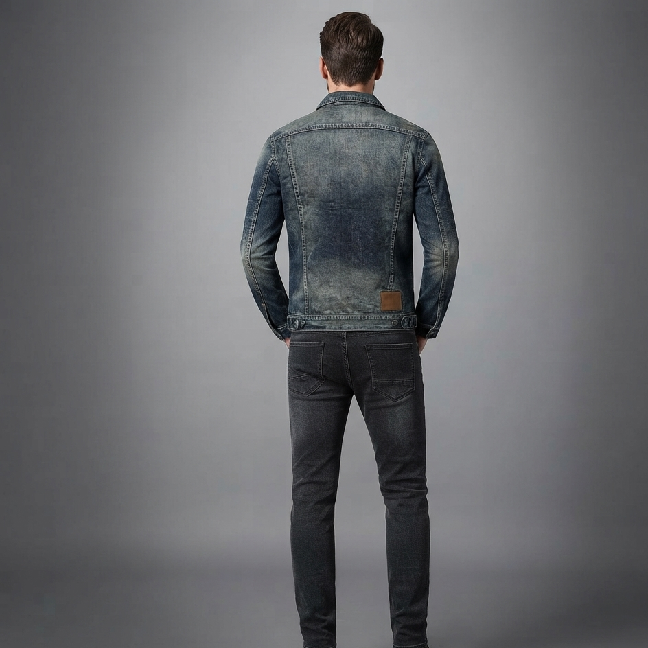 A man viewed from behind wearing a faded blue denim jacket and dark gray slim-fit jeans, standing against a neutral gray studio background.