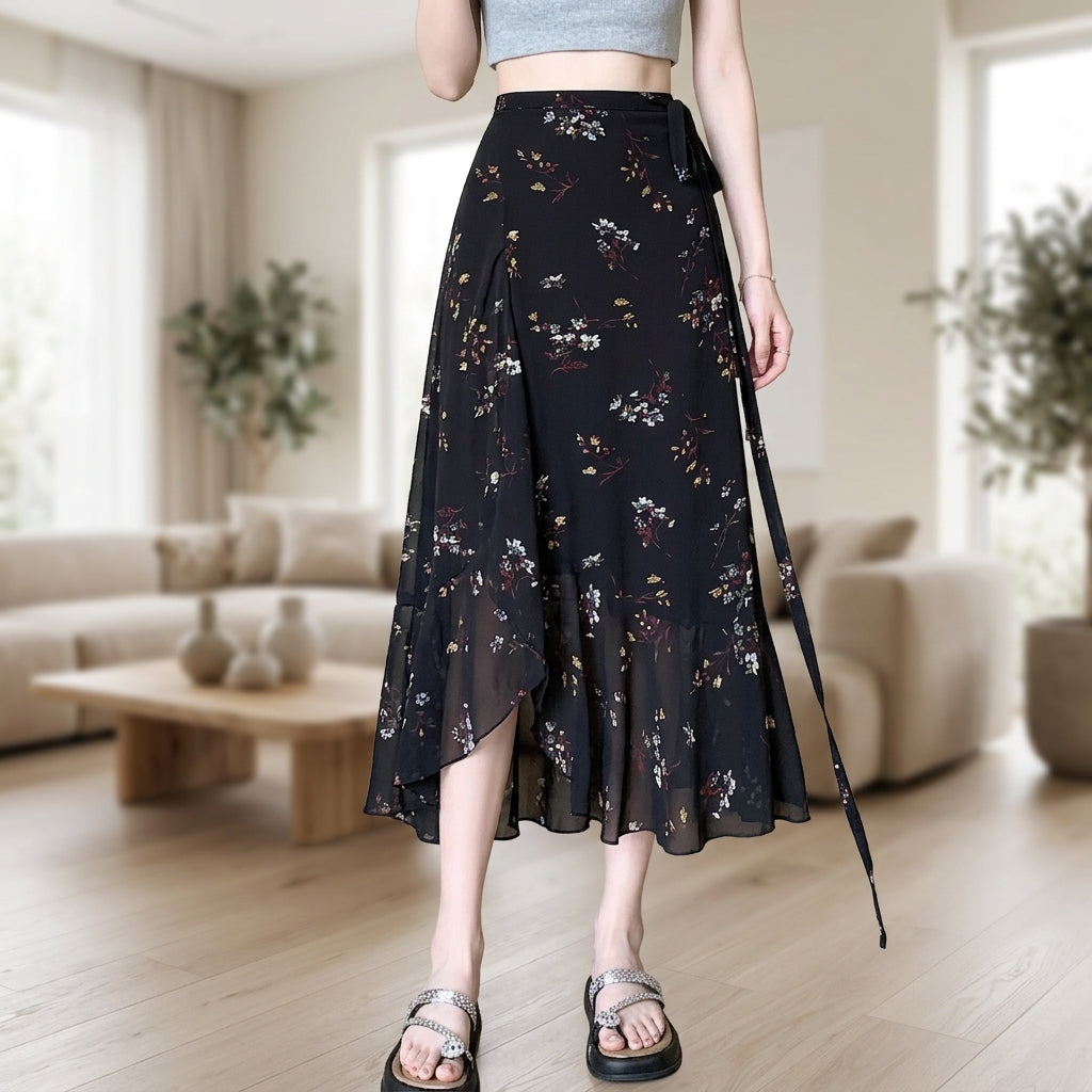 A woman wearing a black midi wrap skirt with a delicate floral print and a side tie, paired with a gray crop top and sandals, standing in a bright living room.