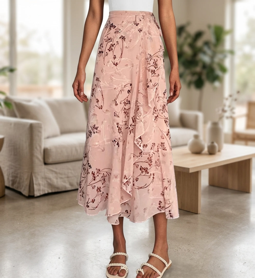 A woman wearing a light pink midi skirt with a dark floral print, paired with white strappy sandals, standing in a bright, modern living room.