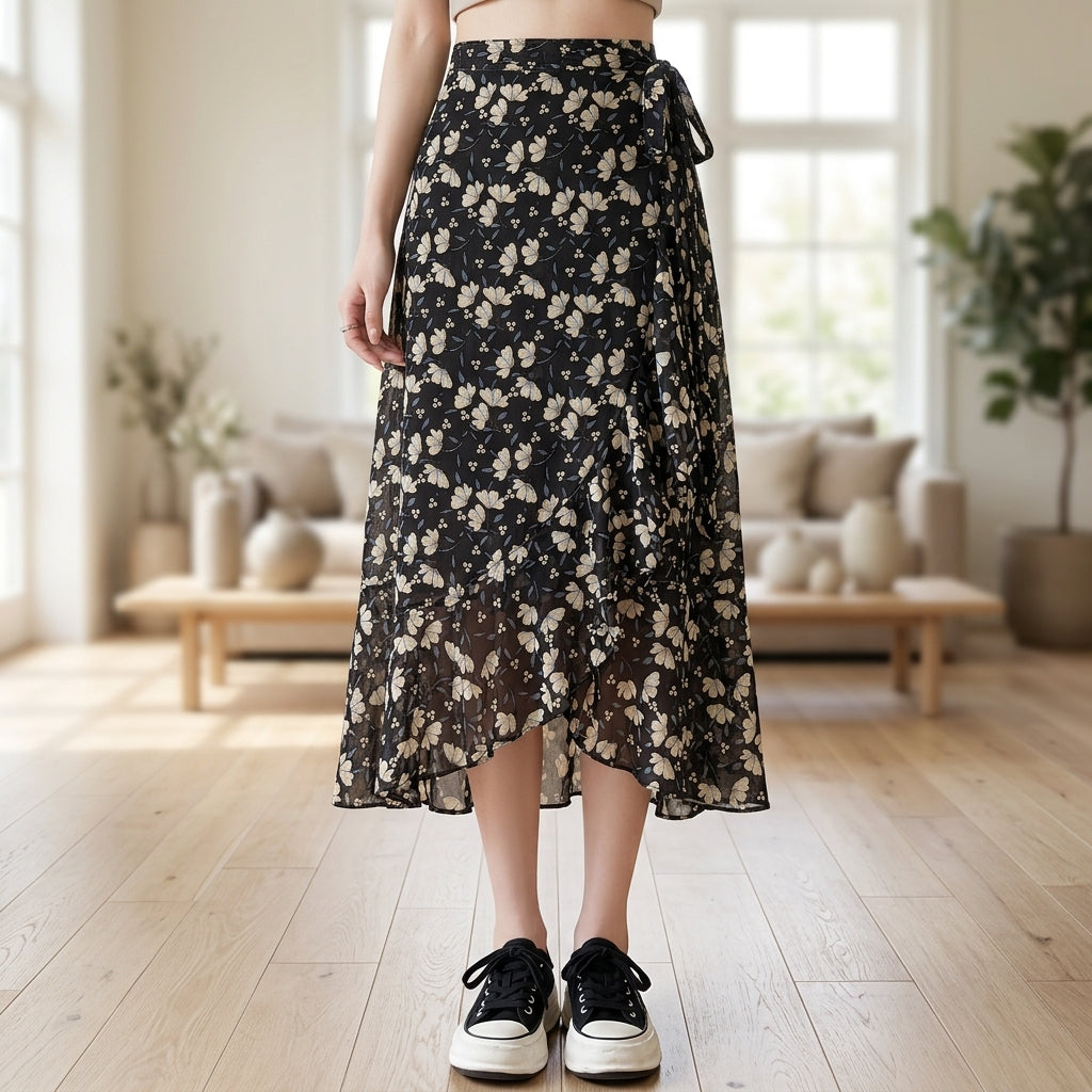 A woman wearing a black midi skirt with a beige floral pattern, standing in a bright, modern living room with wooden floors and a sofa in the background.
