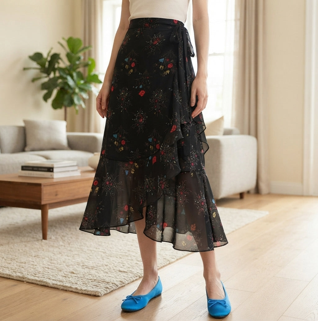 A woman wearing a black ruffled midi skirt with a colorful floral print, paired with a white top and bright blue flats, standing in a modern living room.