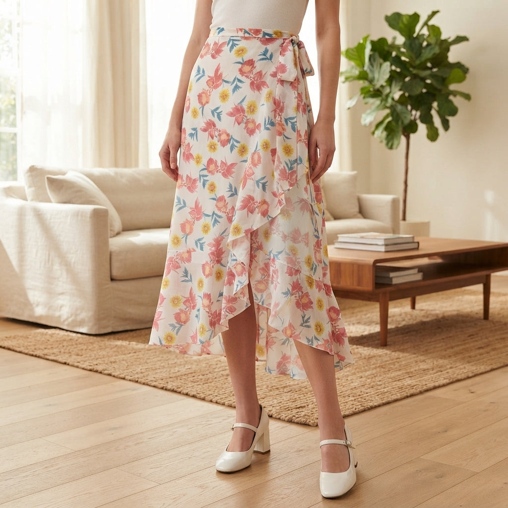 A woman wearing a floral wrap midi skirt with a ruffled hem, paired with white Mary Jane heels, standing in a bright, modern living room with a beige sofa and wooden coffee table.
