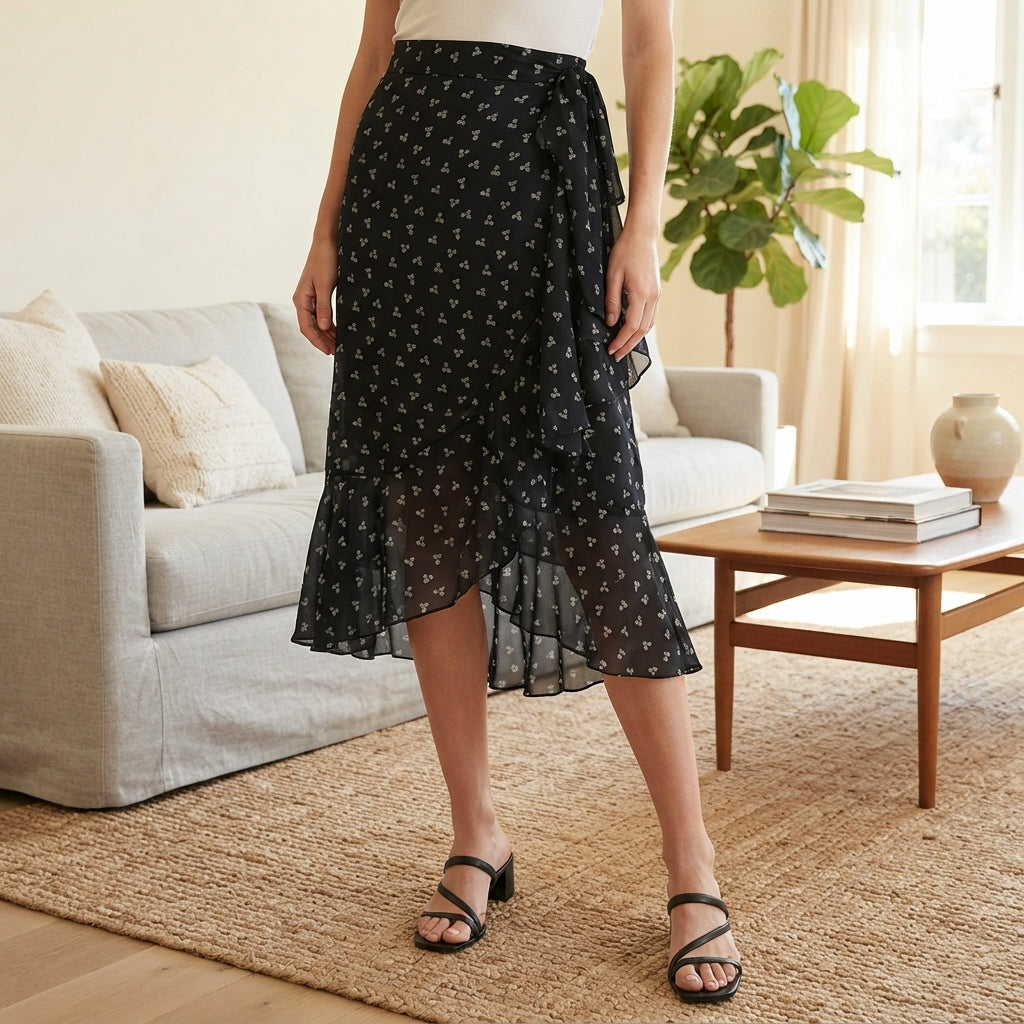 A woman wearing a black midi skirt with a small white floral pattern, paired with black strappy sandals, standing in a bright, modern living room.