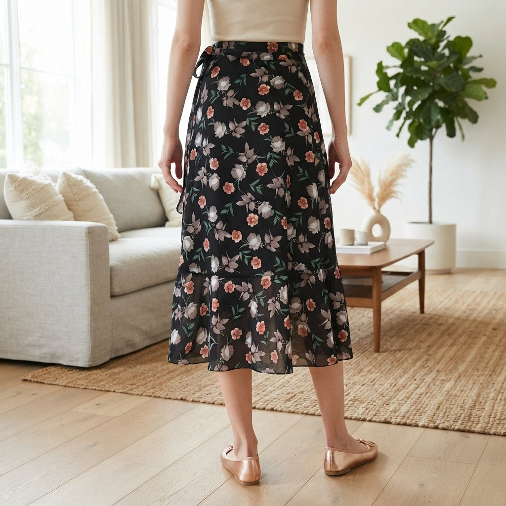 A woman wearing a black midi skirt with a pink and green floral pattern, paired with a beige top and metallic rose gold flats, standing in a bright living room.