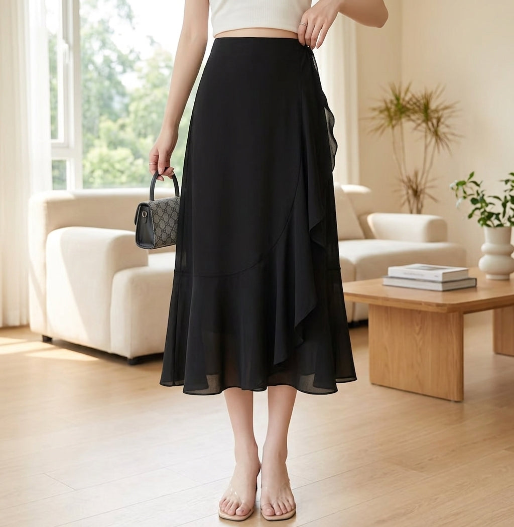 A woman wearing a black midi wrap skirt with layered ruffle details, paired with a white crop top and holding a small black quilted handbag in a bright, modern living room.