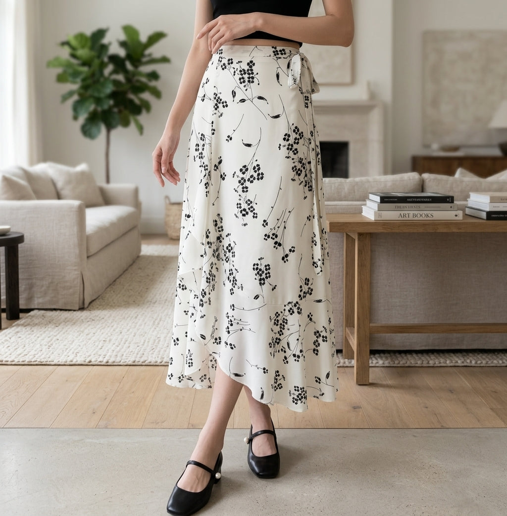 A woman wearing a high-waisted, asymmetrical midi skirt with a black floral print on an off-white background. The skirt features a tie waist and is styled with a black top and black Mary Jane shoes in a bright, modern living room setting.