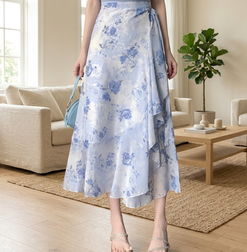 A woman wearing a light blue and white floral midi skirt in a bright living room setting, holding a light blue handbag.