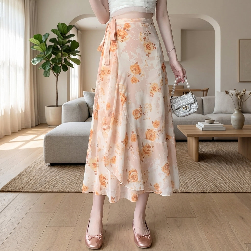 A woman models a high-waisted, flowy midi skirt with a peach and orange floral print on a light beige background. The skirt features a tie-waist design and is shown in a bright, modern living room setting.