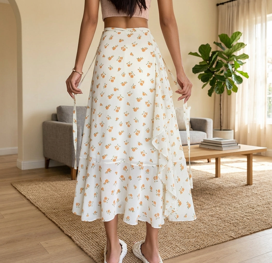 A woman wearing a white midi skirt with a small yellow floral pattern, standing in a bright, modern living room.
