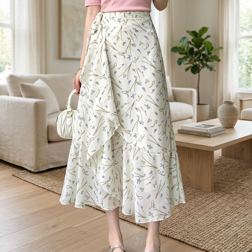 A woman models a high-waisted, ruffled midi skirt with a delicate floral and vine print in cream, white, and muted blue-gray. The skirt features a tie-waist design and a layered ruffle hem.