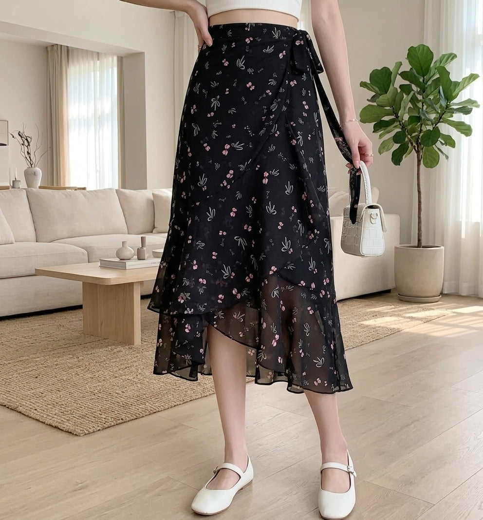 A woman wearing a black midi wrap skirt with a delicate pink and green floral print, styled with white Mary Jane shoes and holding a white handbag in a bright, modern living room.