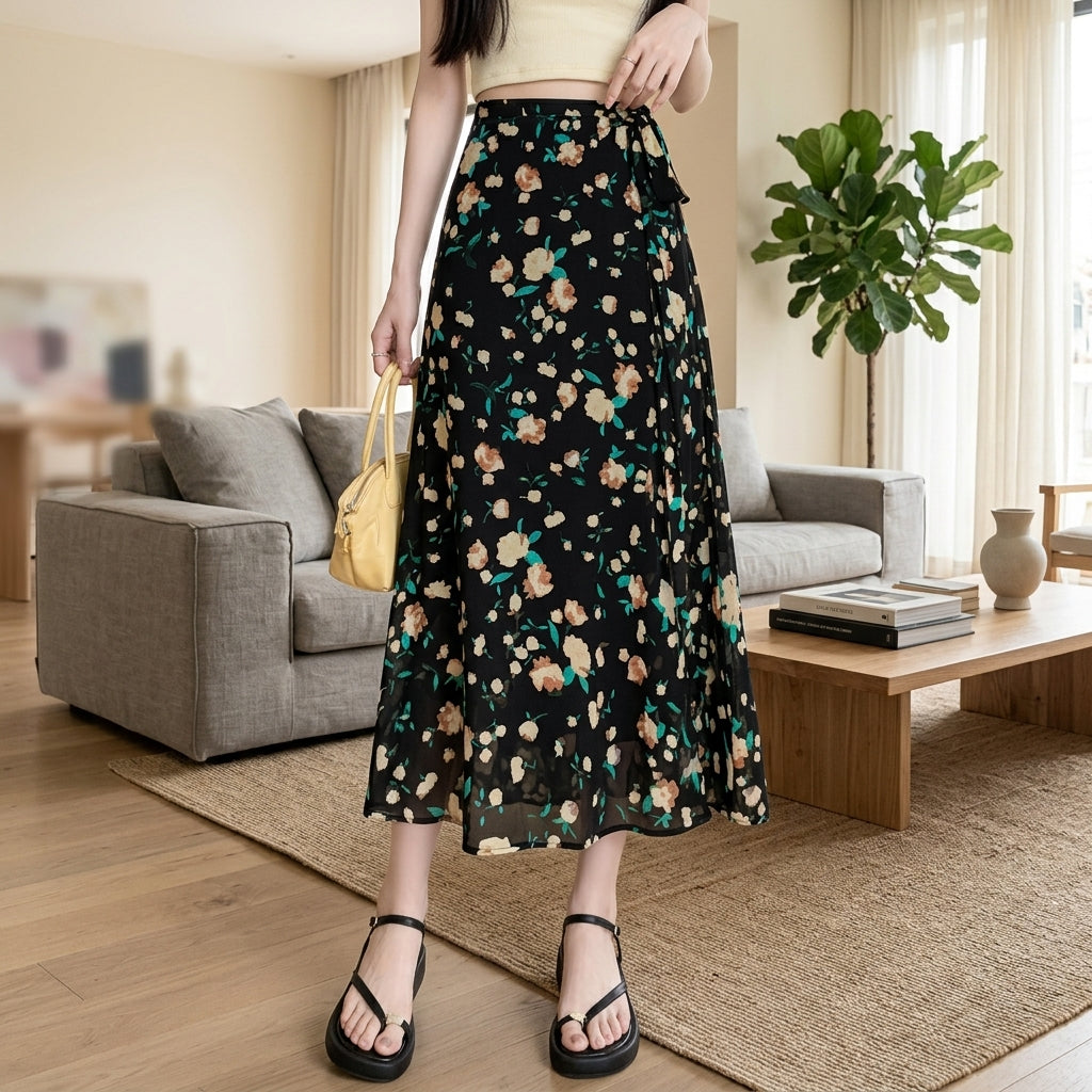 A woman models a black midi skirt with a dense floral print in beige, green, and pink, paired with a cream crop top and black sandals in a modern living room setting.