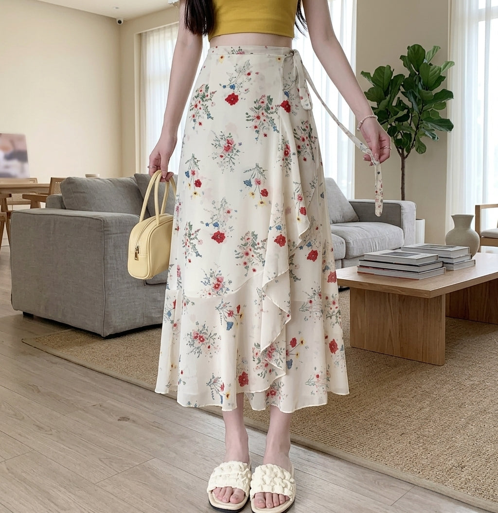 A woman wearing a cream-colored midi skirt with a red and blue floral print, paired with a yellow top and white knit slide sandals, standing in a modern living room setting.