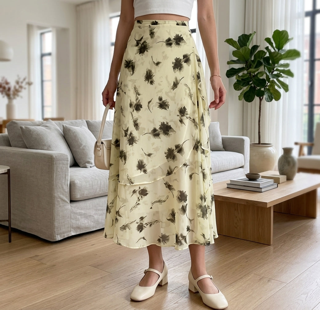 A woman wearing a cream-colored midi skirt with a dark floral print, paired with a white crop top and cream Mary Jane shoes, standing in a bright, modern living room.