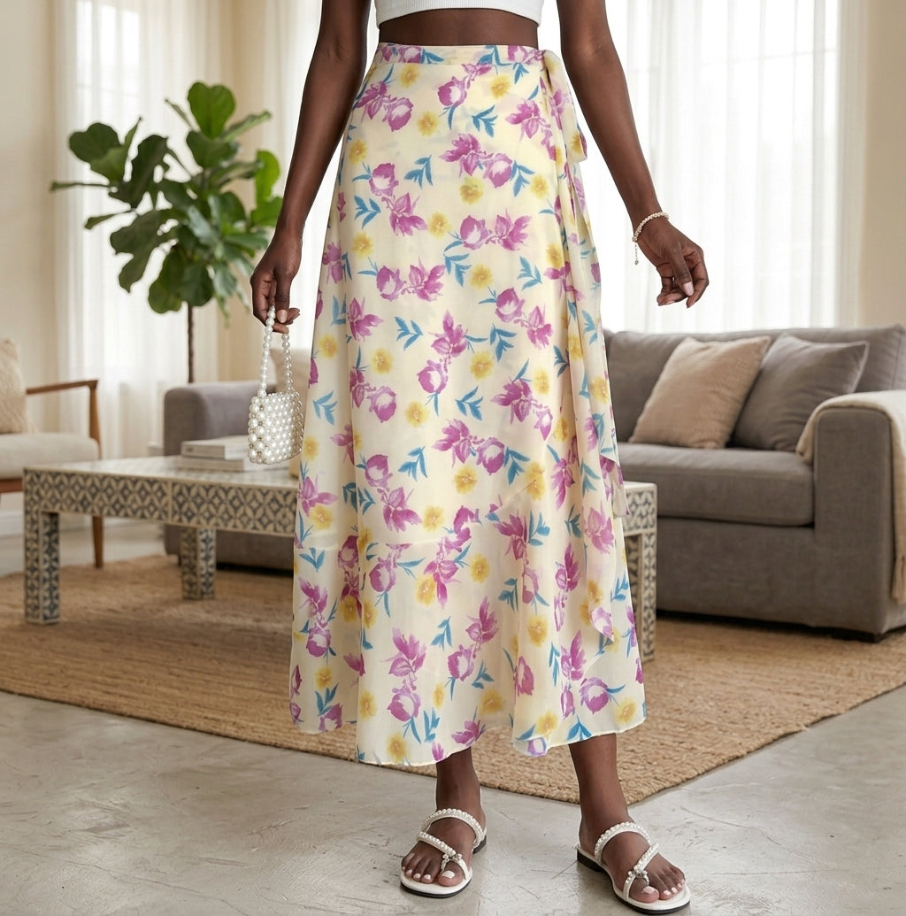 A woman wearing a high-waisted, ankle-length A-line skirt with a colorful floral print on a cream background. The skirt features pink, purple, yellow, and blue flowers with green leaves.