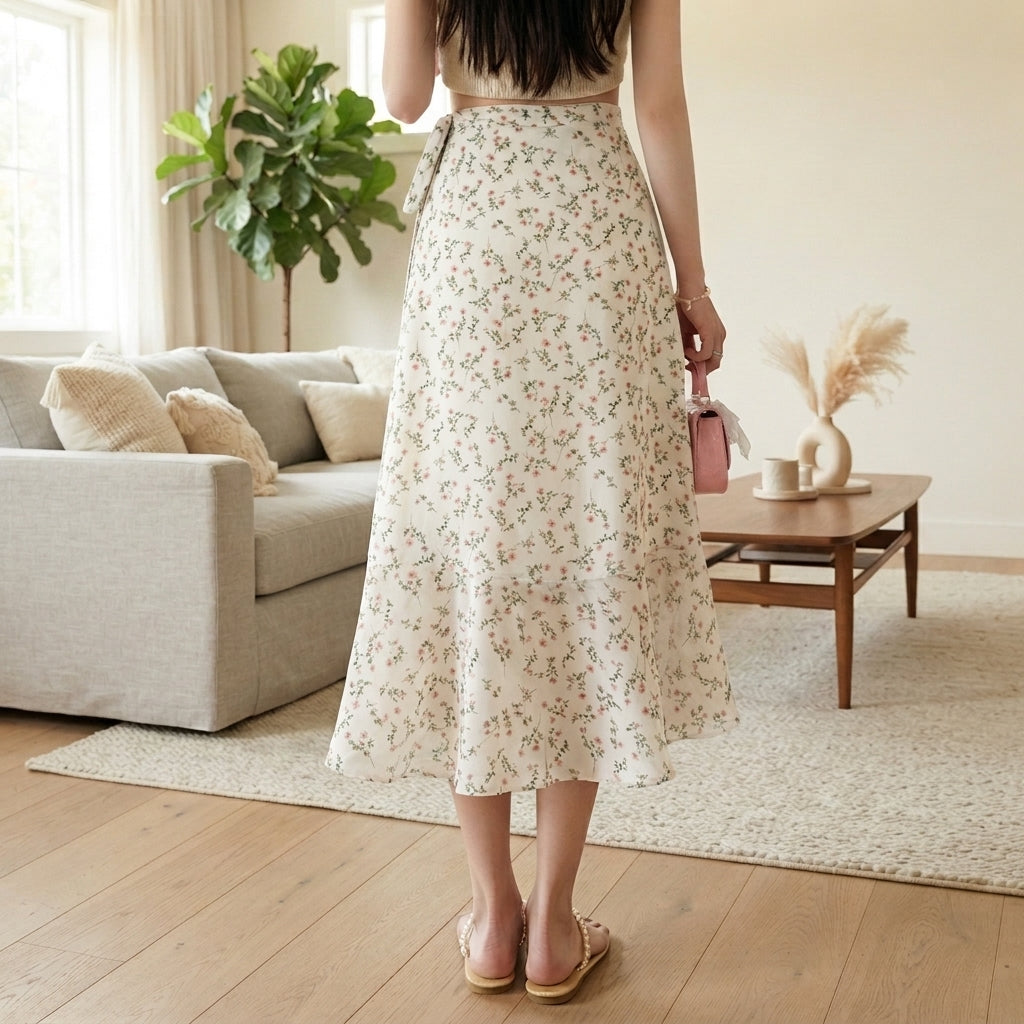 A woman stands in a bright living room wearing a cream midi skirt with a delicate pink and green floral print. The photo is taken from behind, showing the back of the skirt and her feet, with a sofa, coffee table, and potted plant in the background.