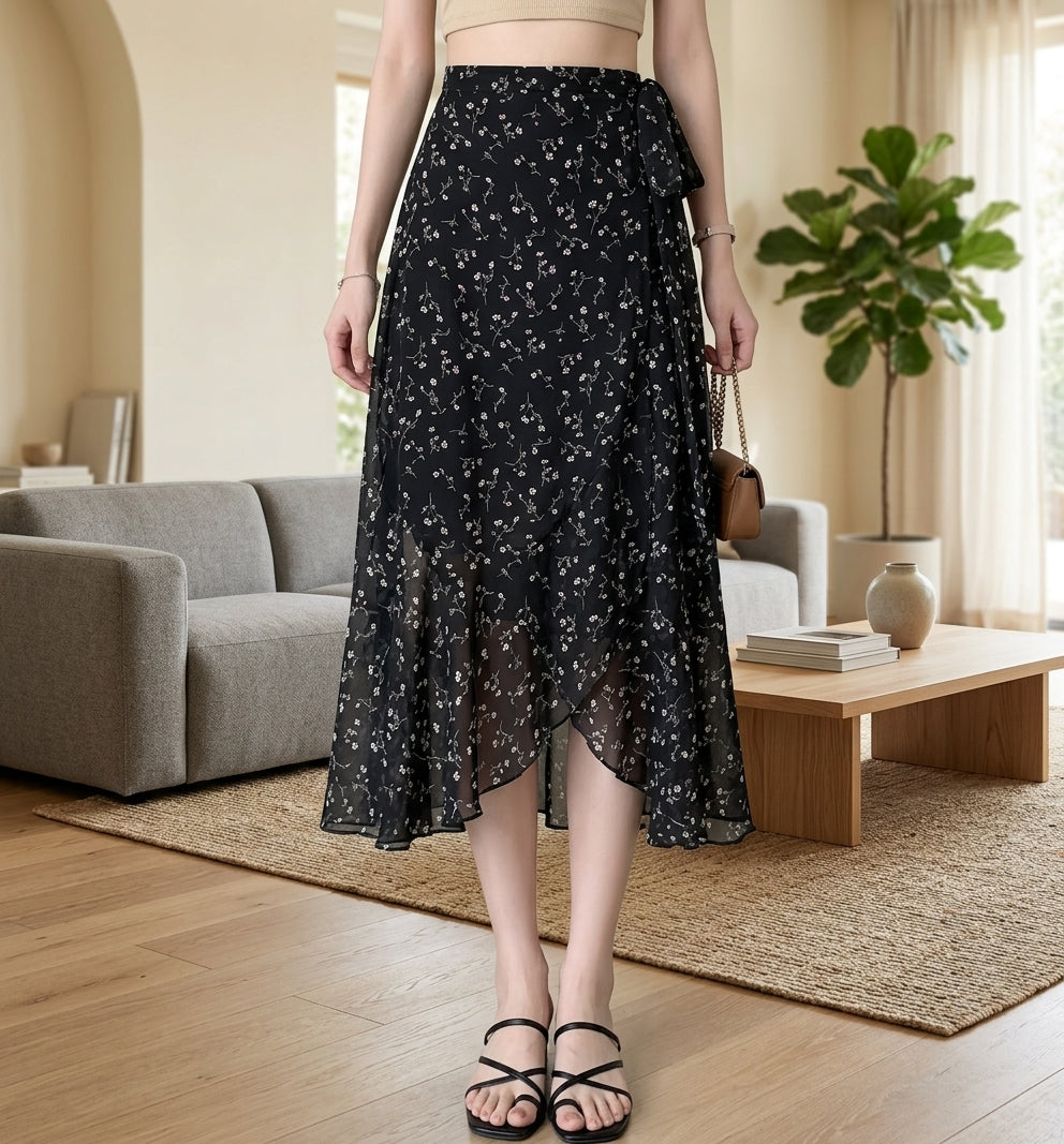 A woman models a black midi skirt with a small white floral print in a bright, modern living room setting. The skirt features a high-waisted, wrap-style design with a ruffled hem and side tie detail.