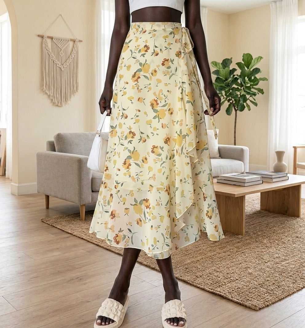 A woman models a high-waisted, midi-length A-line skirt with a yellow and green floral print on a cream background, styled with a white crop top and woven sandals in a modern living room setting.