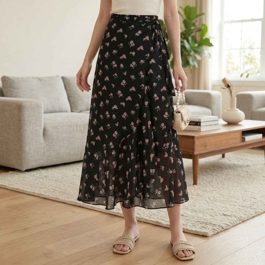 A woman wearing a black midi skirt with a pink and white floral print, standing in a bright, modern living room with a wooden coffee table and light gray sofa in the background.