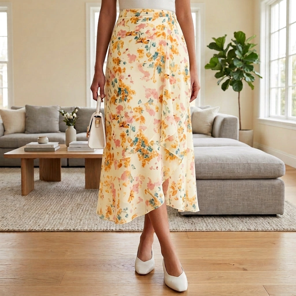 A woman wearing a cream-colored midi skirt with a vibrant orange, pink, and blue floral print, standing in a bright, modern living room with a gray sectional sofa and wooden floors.