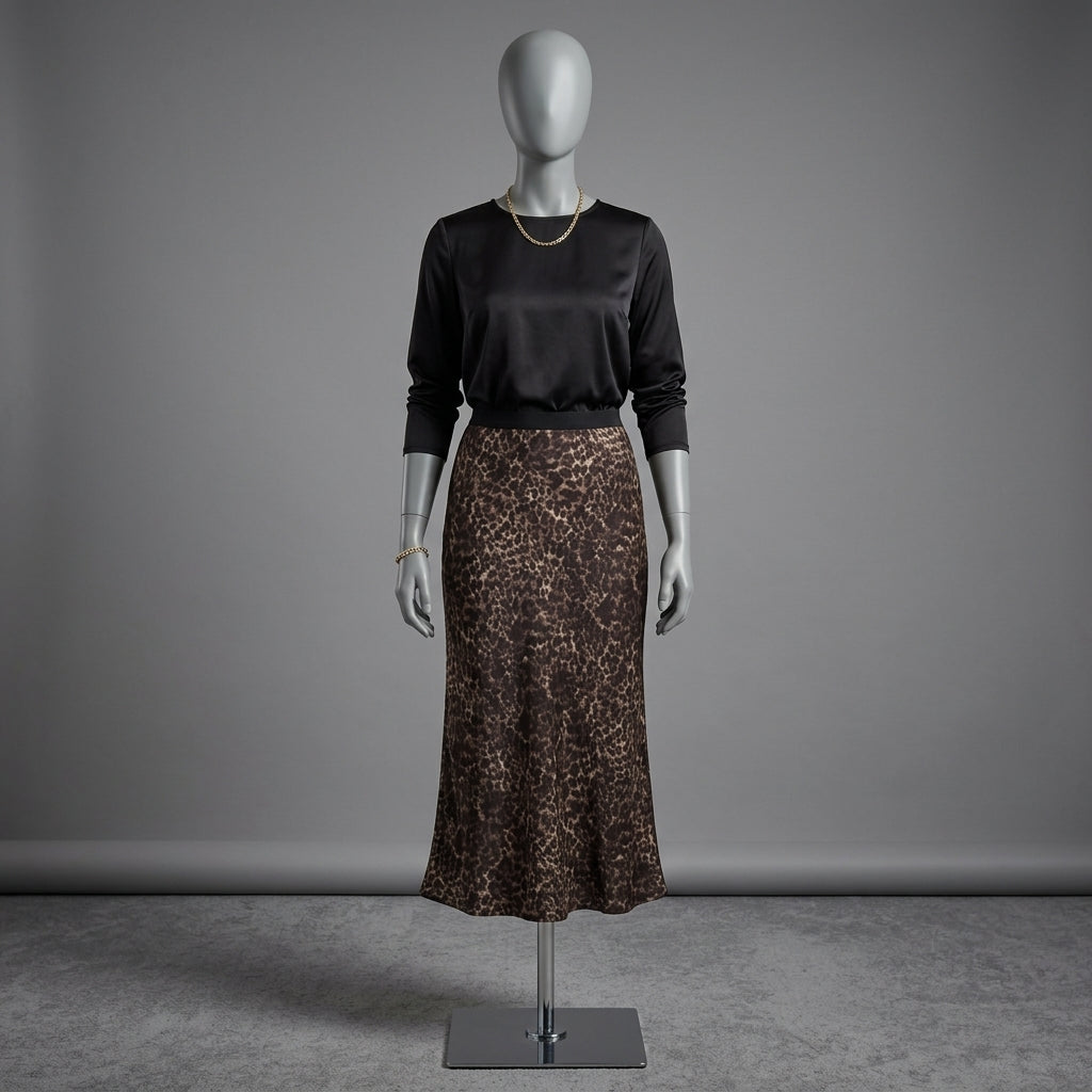 A mannequin wearing a black long-sleeve top and a brown leopard-print midi skirt, styled with a gold chain necklace, set against a neutral gray studio background.
