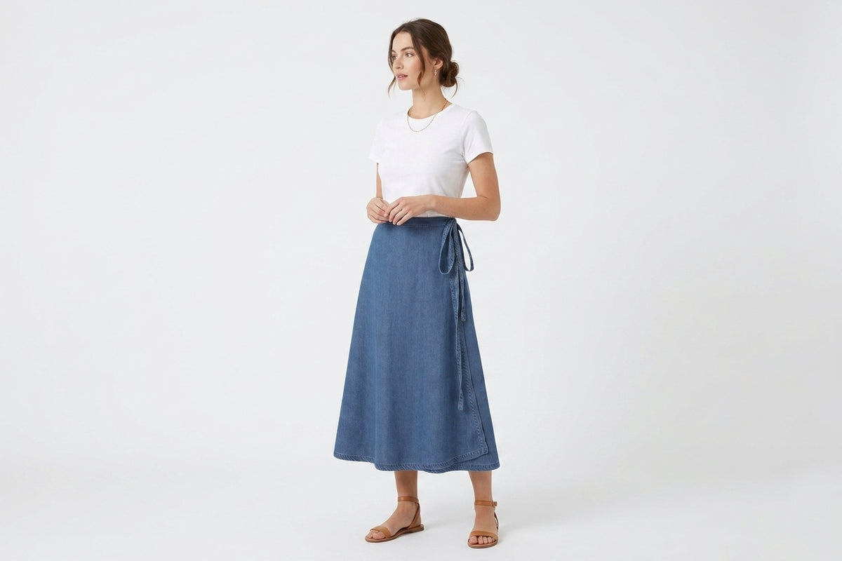 A woman modeling a blue denim midi skirt with a tie waist, paired with a white t-shirt and brown flat sandals, against a plain white studio background.