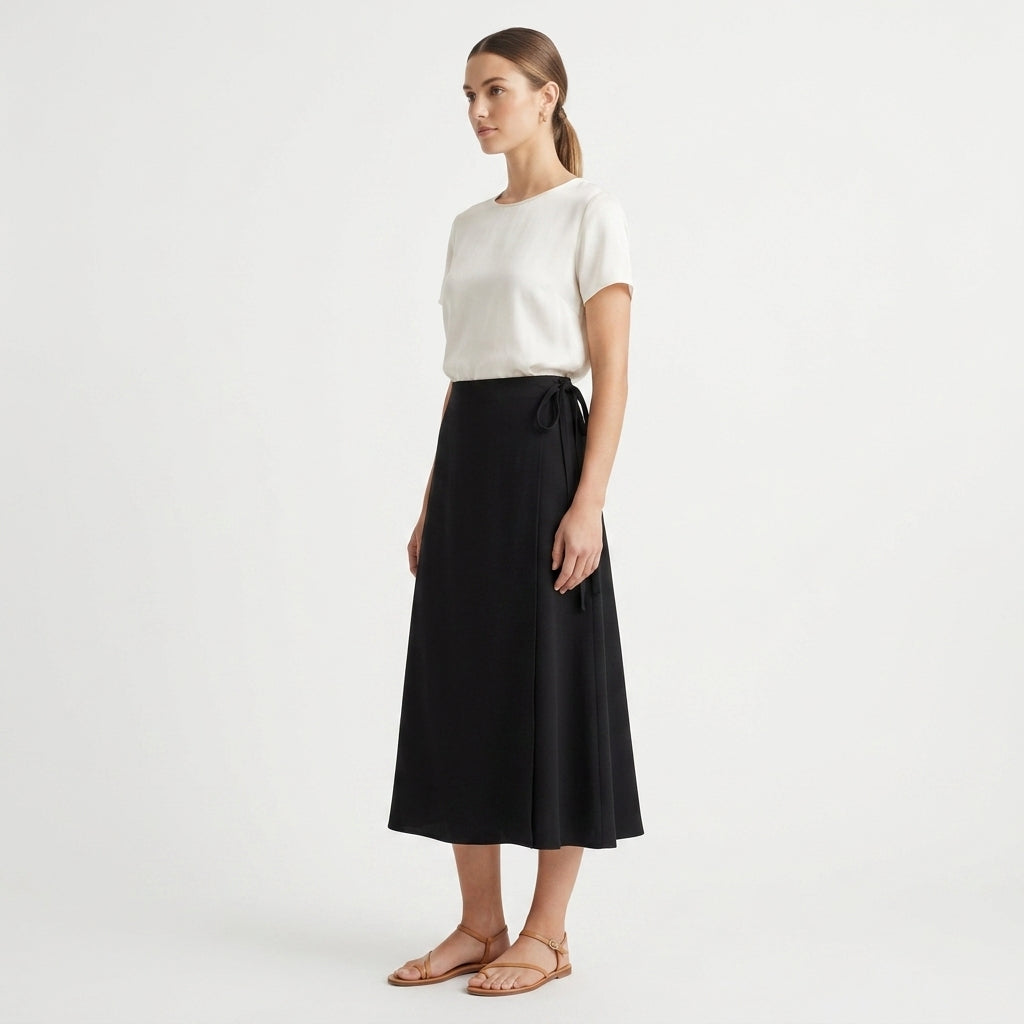 A woman modeling a white short-sleeve knit top and a black midi wrap skirt with a side tie, paired with tan flat sandals, against a plain light gray studio background.