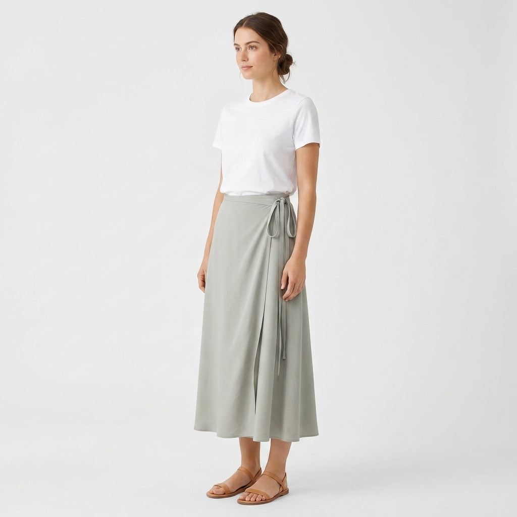 A woman modeling a light sage green wrap midi skirt with a tie waist, styled with a white t-shirt and tan flat sandals against a plain light gray studio background.