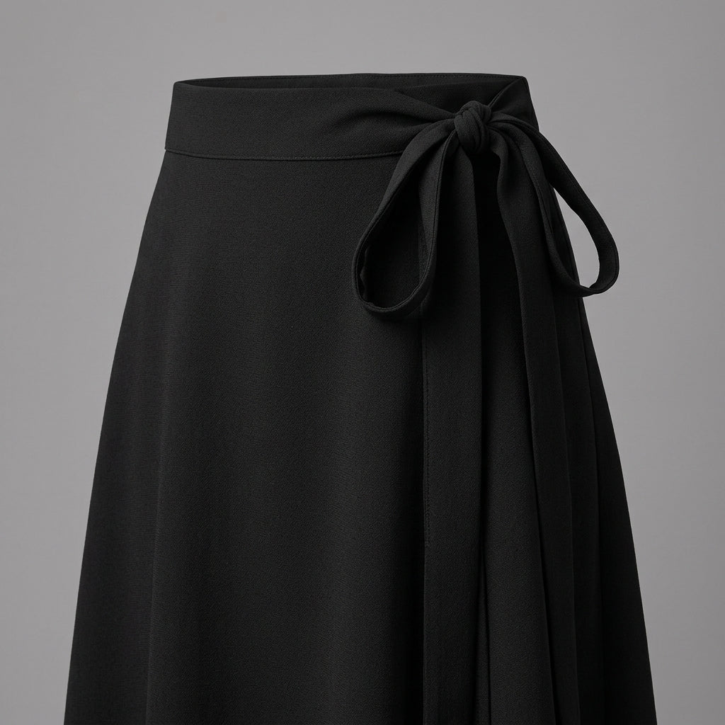 A close-up of a black high-waisted skirt with a wide waistband and a side tie detail, shown against a solid gray background.
