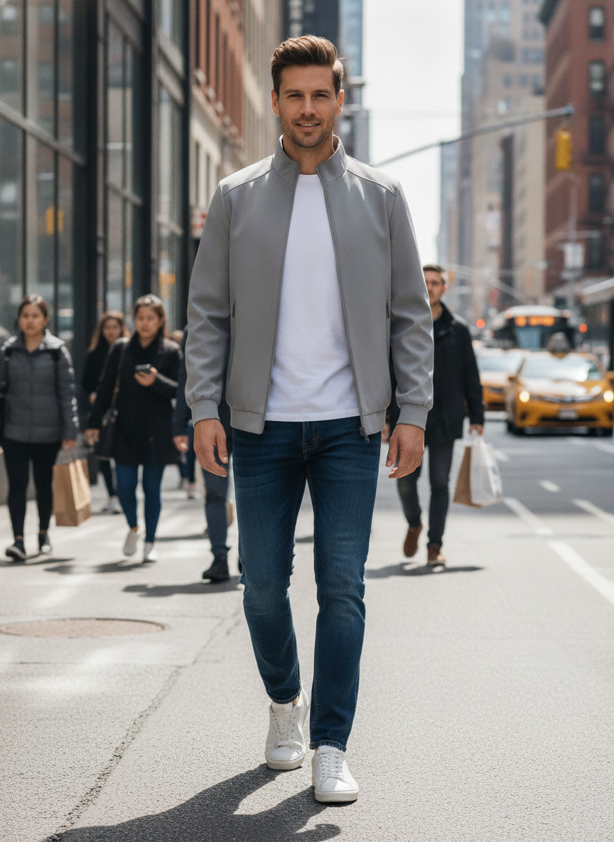 A man walking on a city street wearing a light gray bomber jacket, white t-shirt, dark blue jeans, and white sneakers.