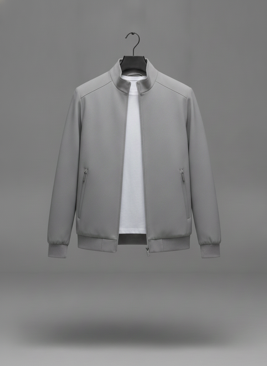 A light gray zip-up jacket with a stand collar, displayed on a black hanger over a white t-shirt against a solid gray background.