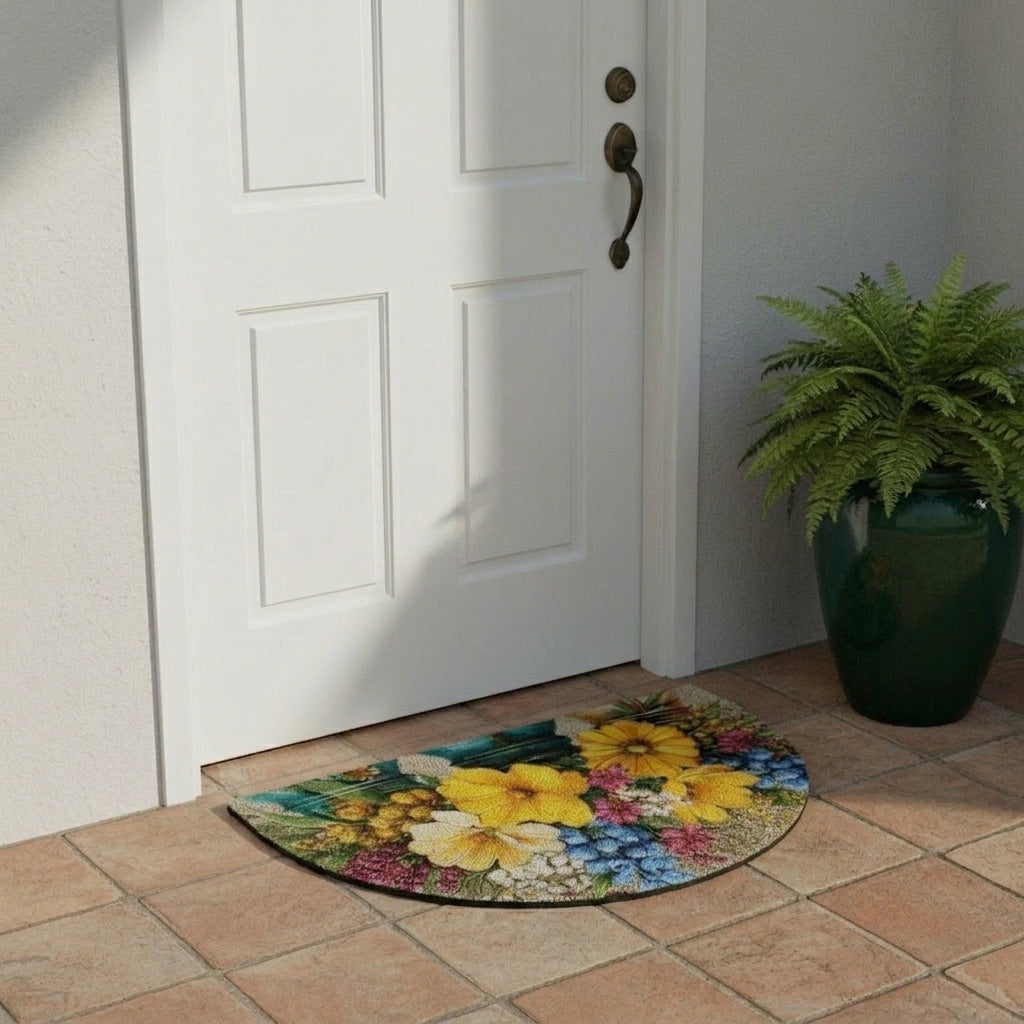 Floral doormat in front of a white door with a potted plant on a tiled floor.