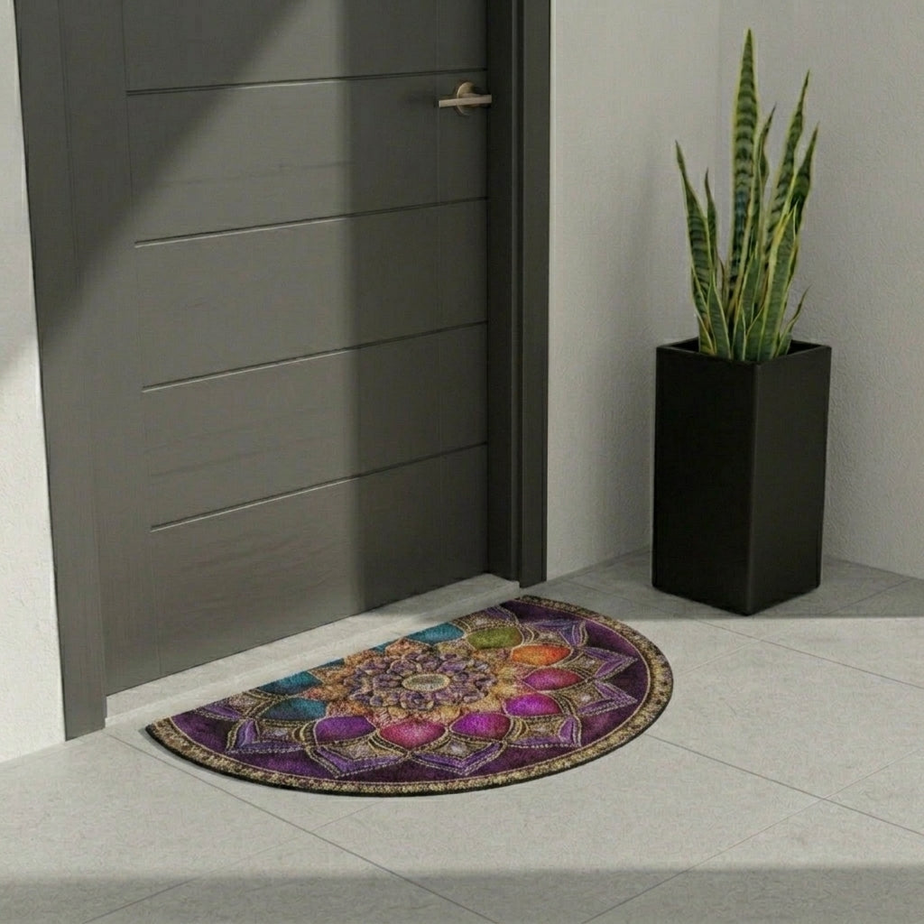 Colorful mandala rug on a tiled floor next to a gray door and black planter with a plant.