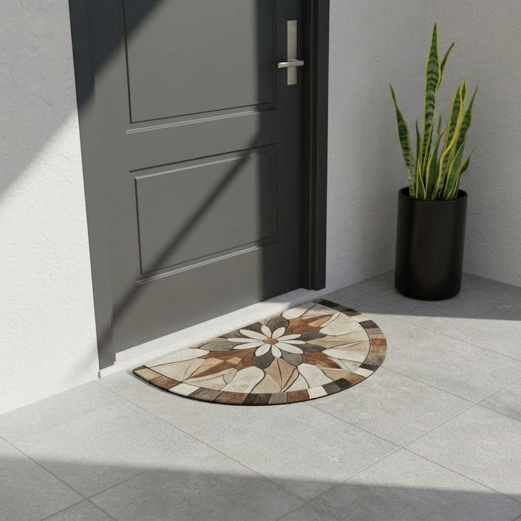 Decorative doormat with floral pattern in front of a gray door with a plant beside it.