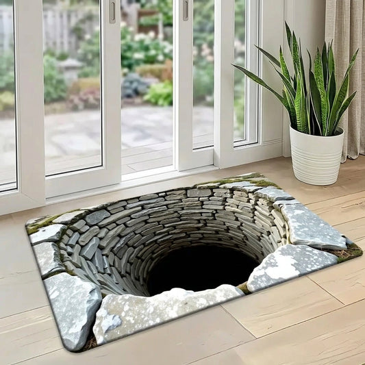 Doormat with stone tunnel design on a wooden floor in front of a glass door.