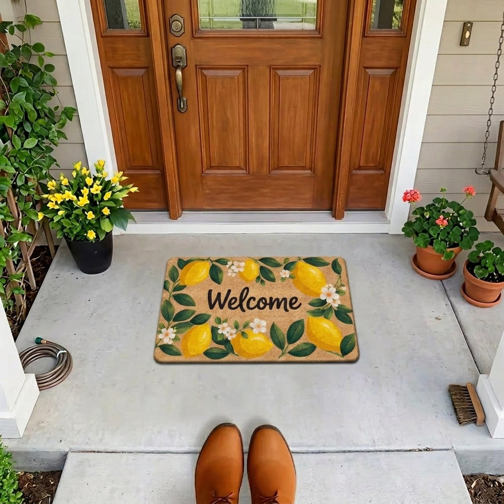 Welcome mat with lemons and flowers on a porch with potted plants and shoes.