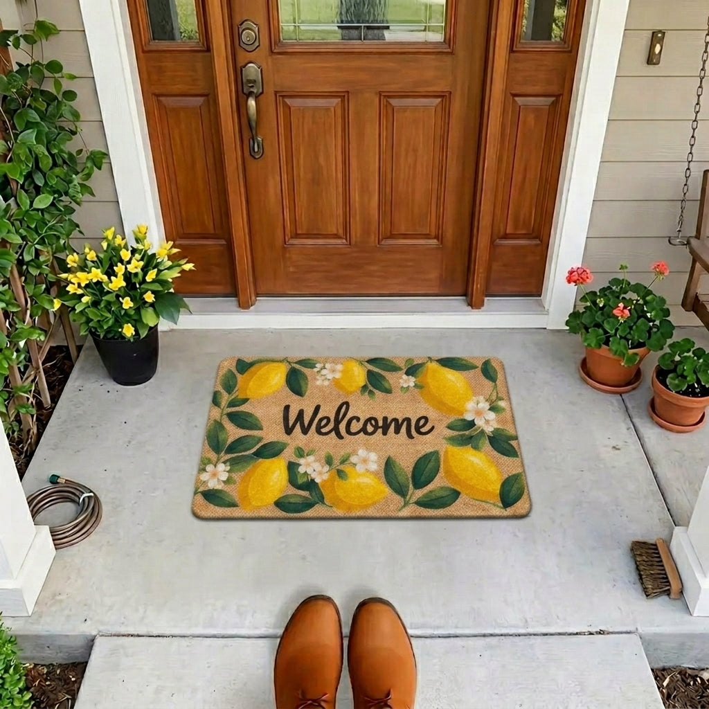 Doormat with lemons and 'Welcome' text on a front porch with potted plants.