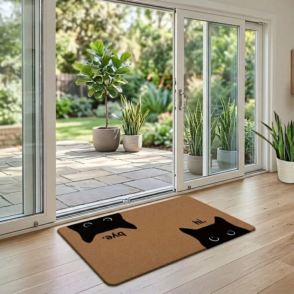 Doormat with cat design in front of a glass door leading to a garden.
