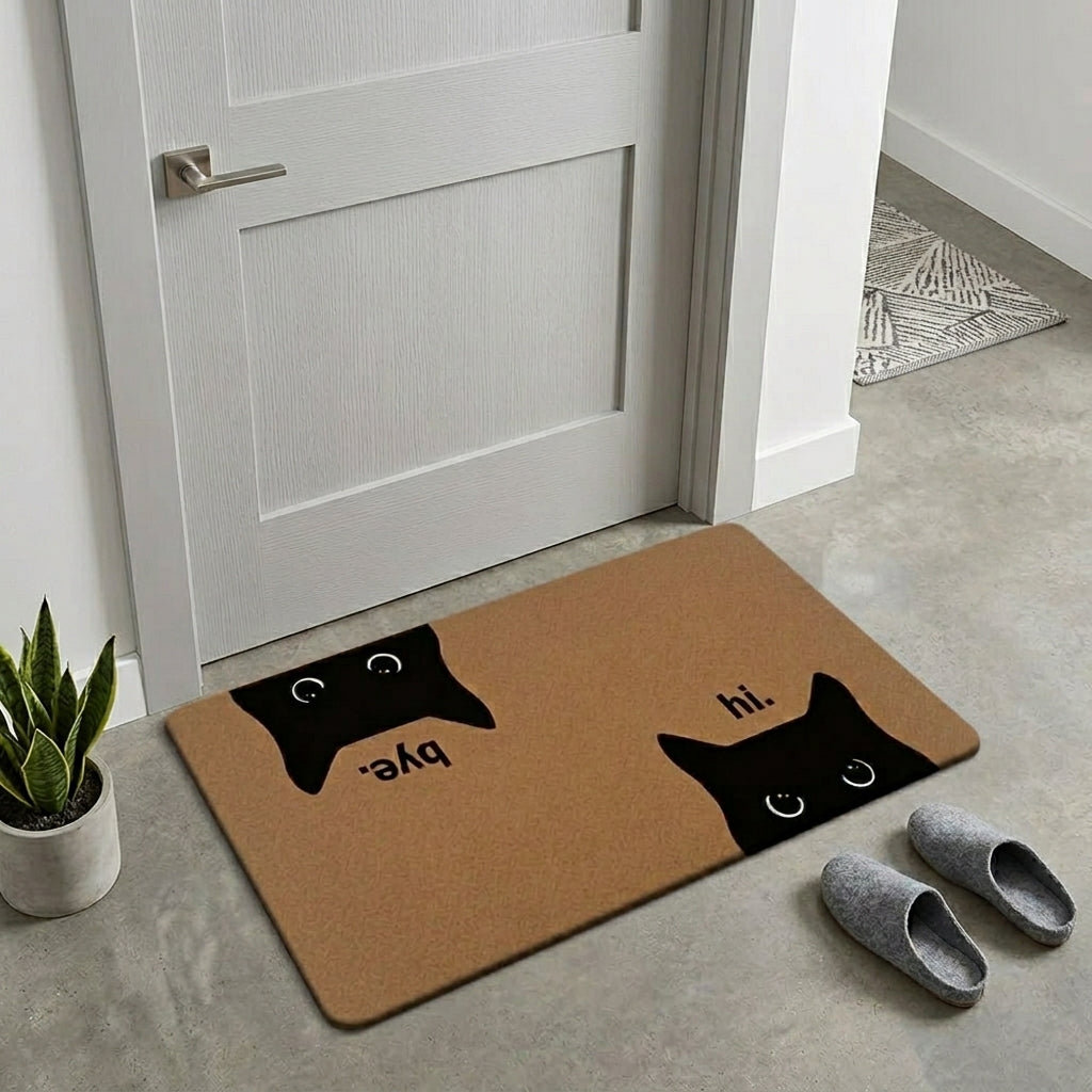 Doormat with cat illustrations and text on a floor next to a door.