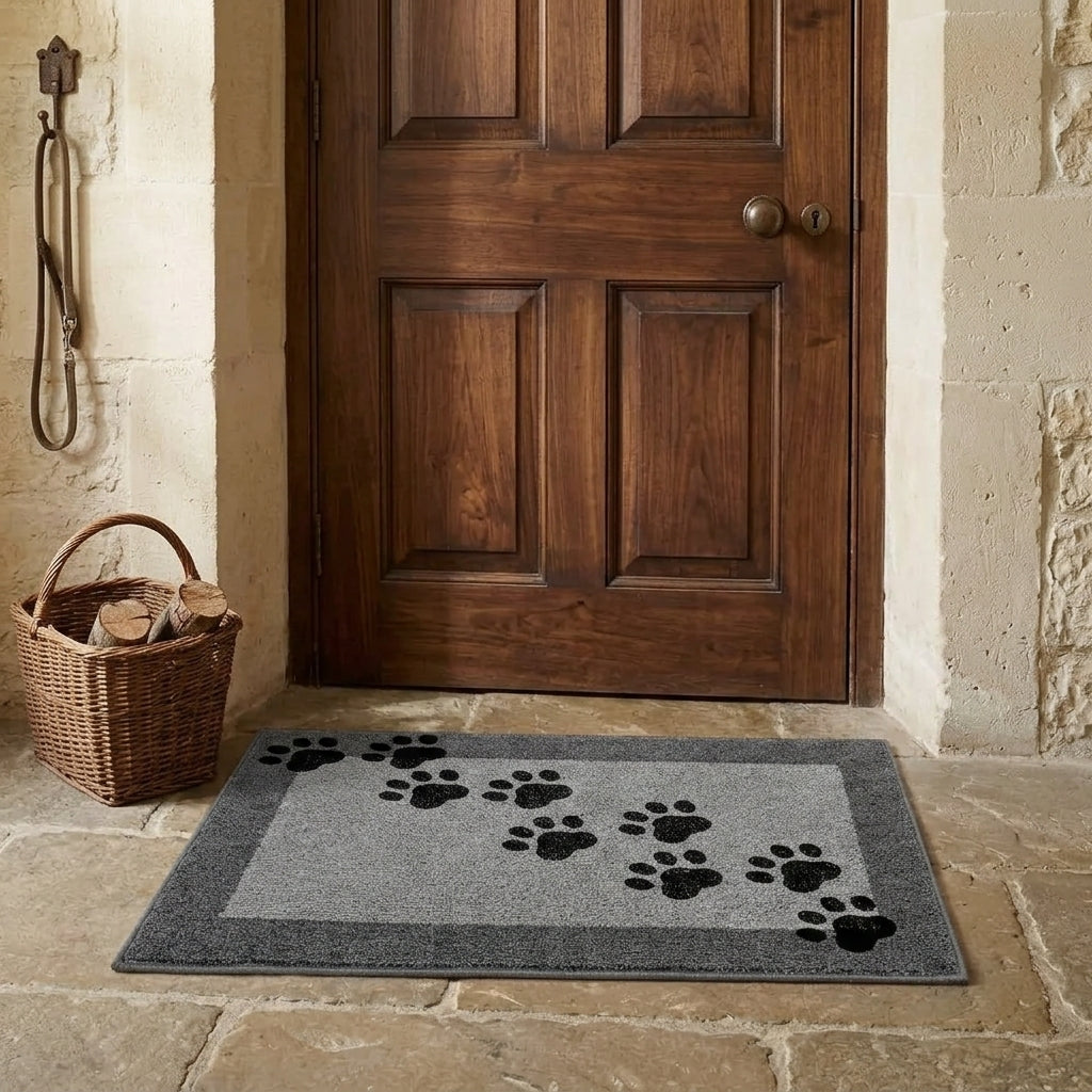 Gray doormat with black paw prints in front of a wooden door.