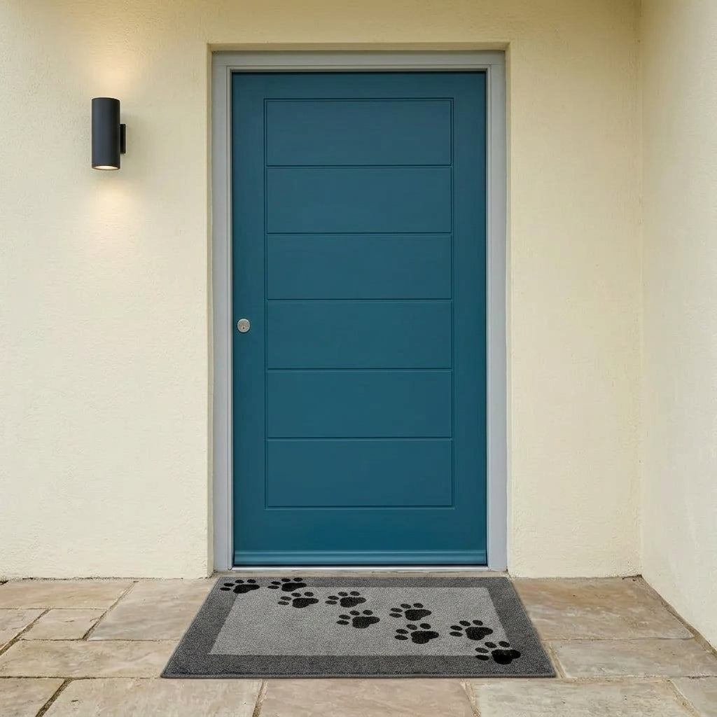 Blue door with a doormat featuring paw prints on a beige wall.