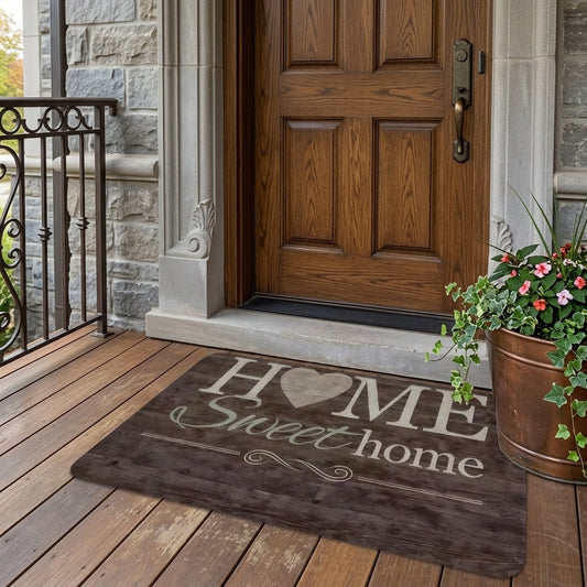 Wooden door with 'Home Sweet Home' doormat on a wooden deck