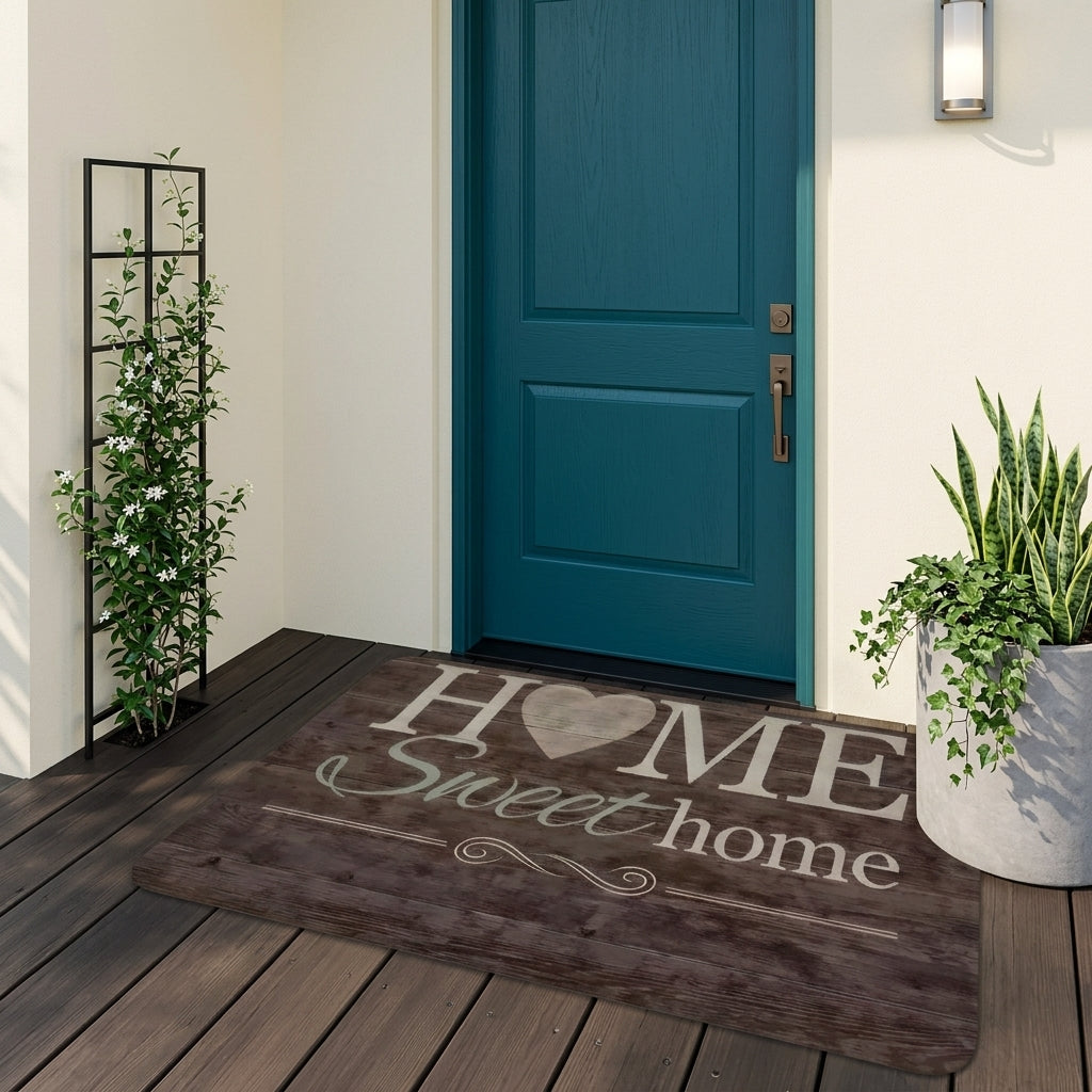 Front door with a 'Home Sweet Home' doormat on a wooden floor.