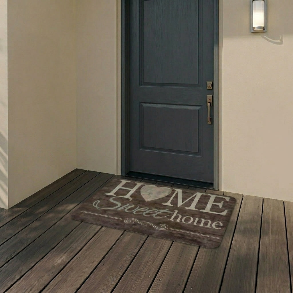 Doormat with 'Home Sweet Home' text on a wooden floor in front of a door.
