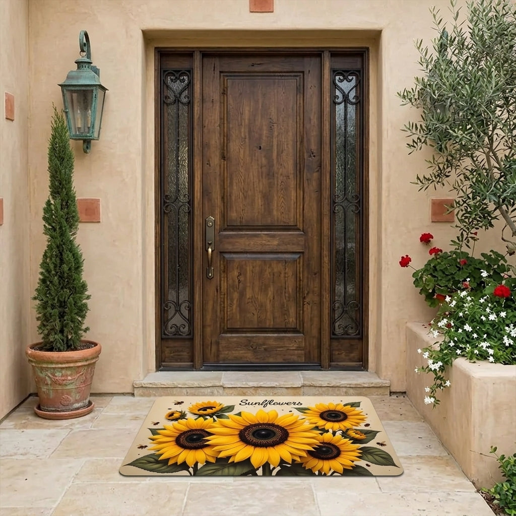 Decorative doormat with sunflower design in front of a wooden door.