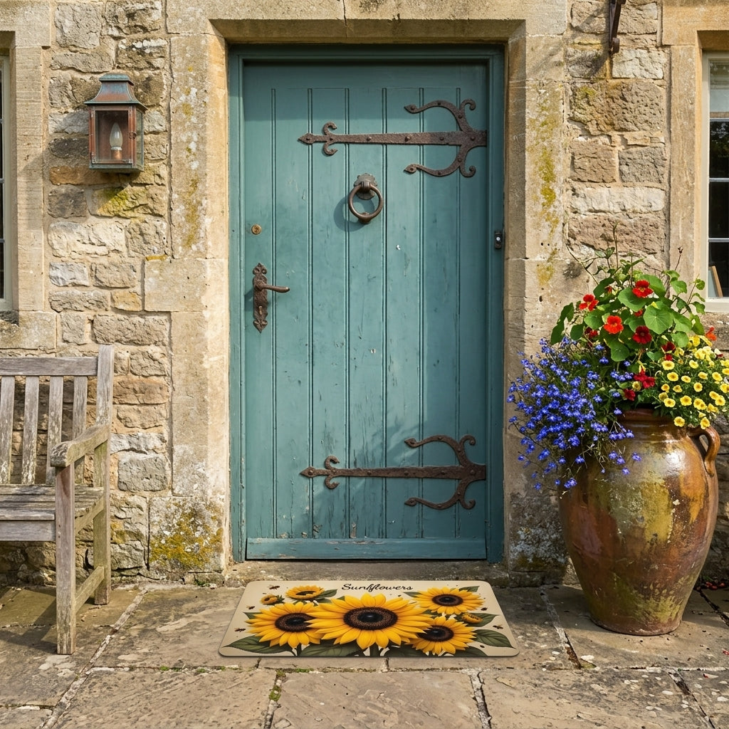 Teal wooden door with decorative iron hinges on a stone building, accompanied by a sunflower doormat and potted flowers.