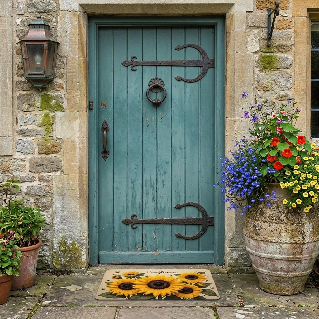 Blue door with decorative ironwork on a stone building, surrounded by potted plants.
